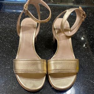 Size 7.5, gold, ankle strap, Aldo, block heel shoes